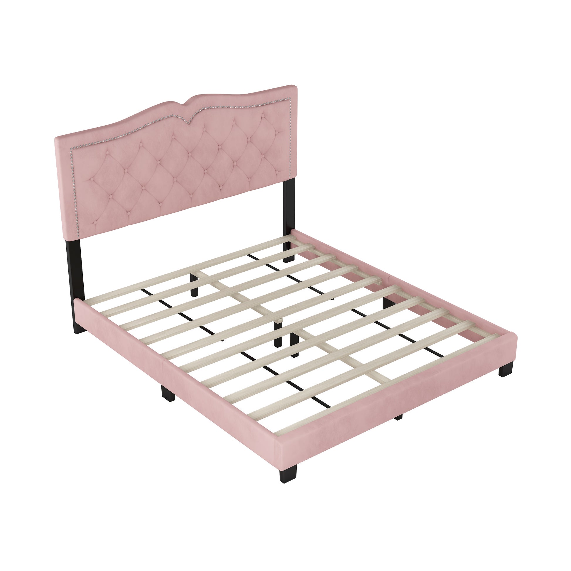 Pink velvet tufted bed frame with silver nailhead trim