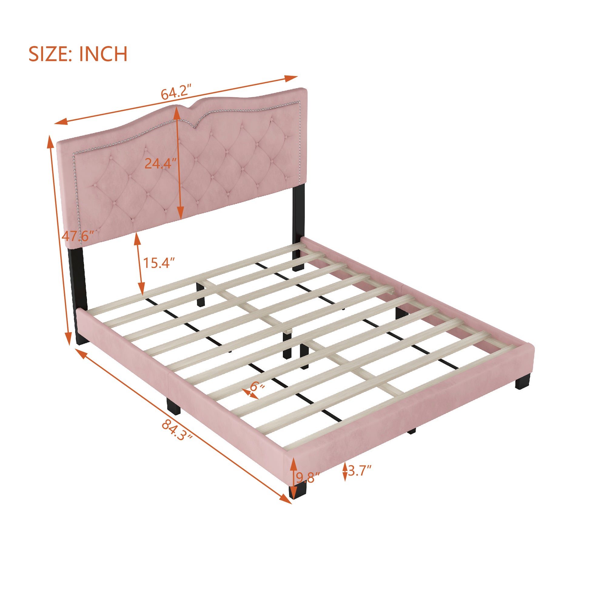 Pink velvet upholstered queen bed frame with tufted headboard and silver nailhead trim dimensions shown