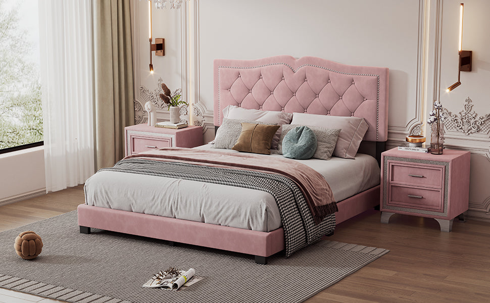 Pink velvet tufted king bed frame with crystal accents on headboard