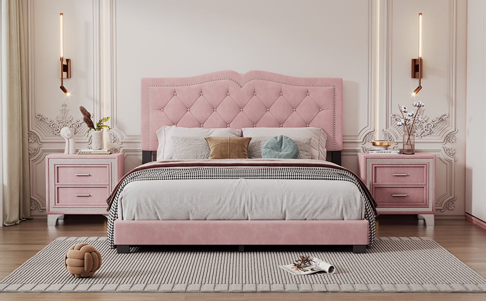 Pink velvet tufted headboard bed with chrome accents