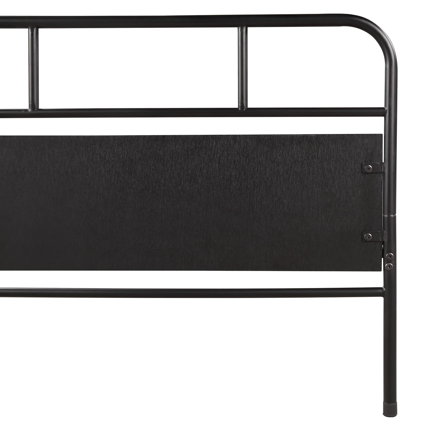 Black metal industrial headboard with wood panel insert