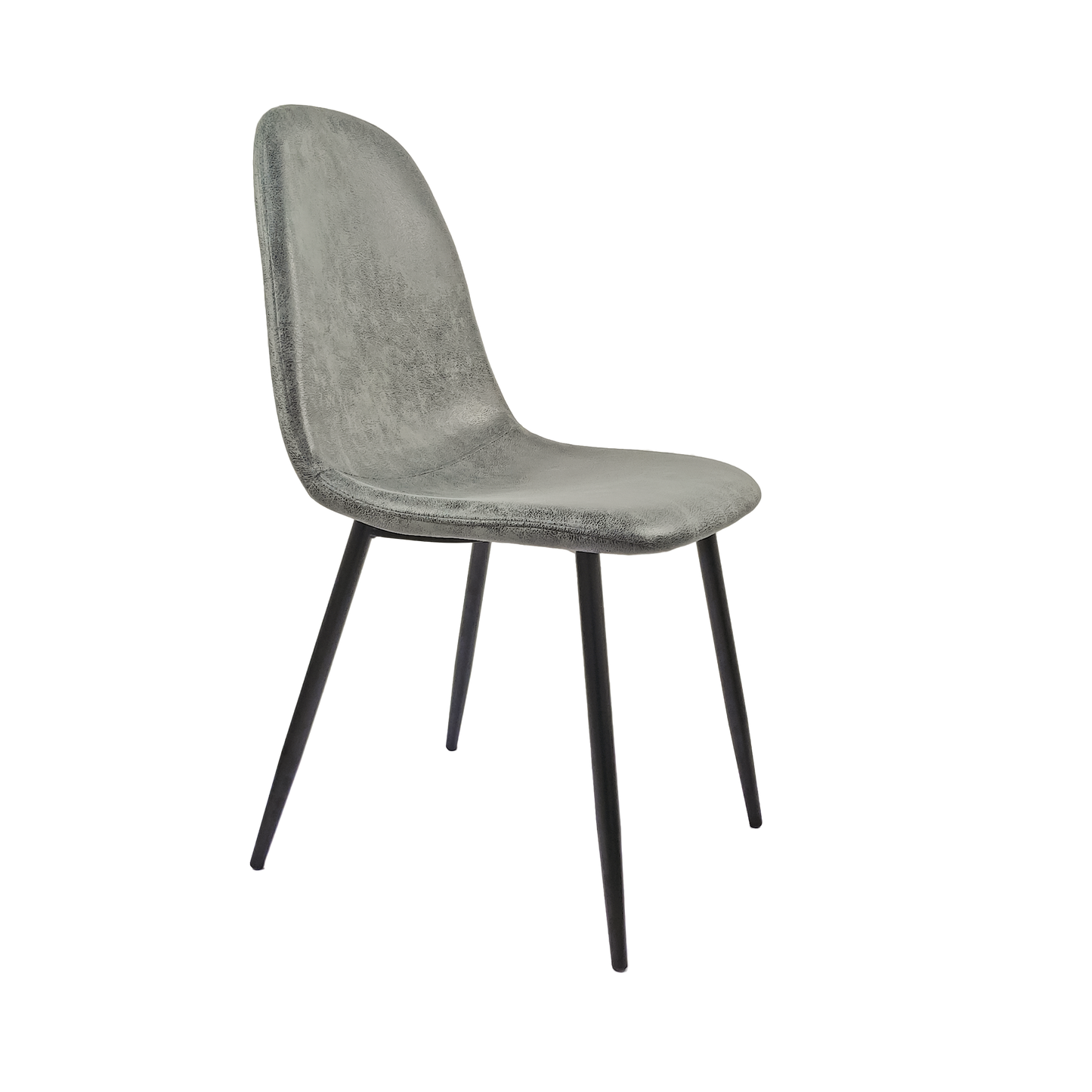 Grey upholstered dining chair with black metal legs