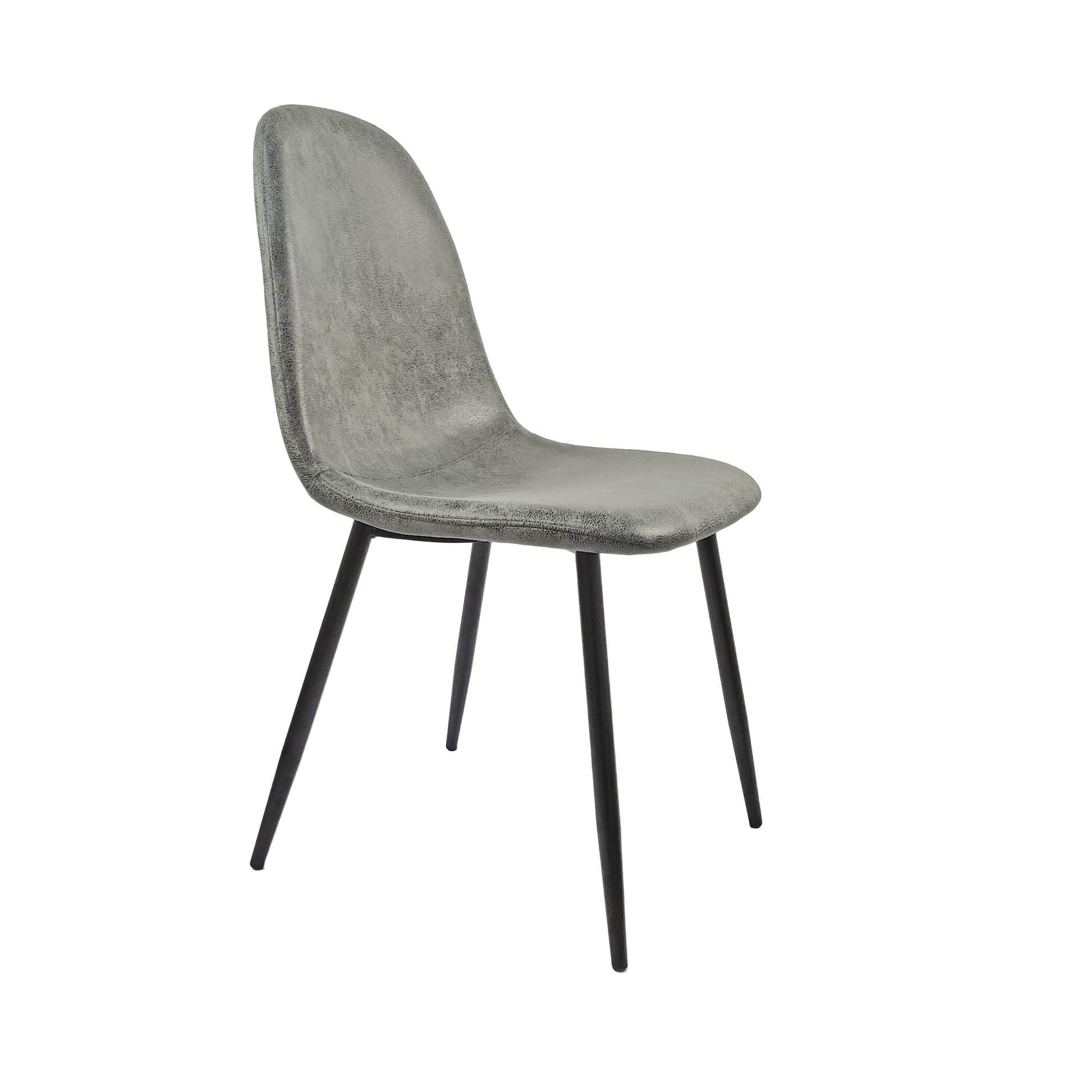 Grey upholstered dining chair with black metal legs