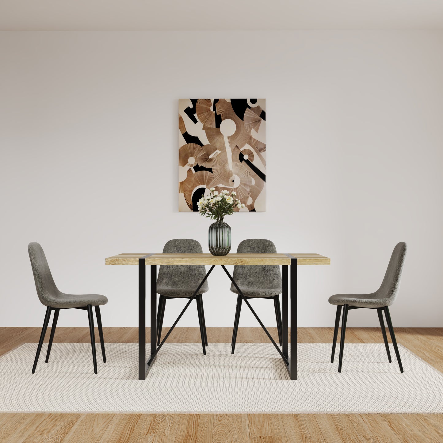 Modern light oak dining table with four grey fabric chairs