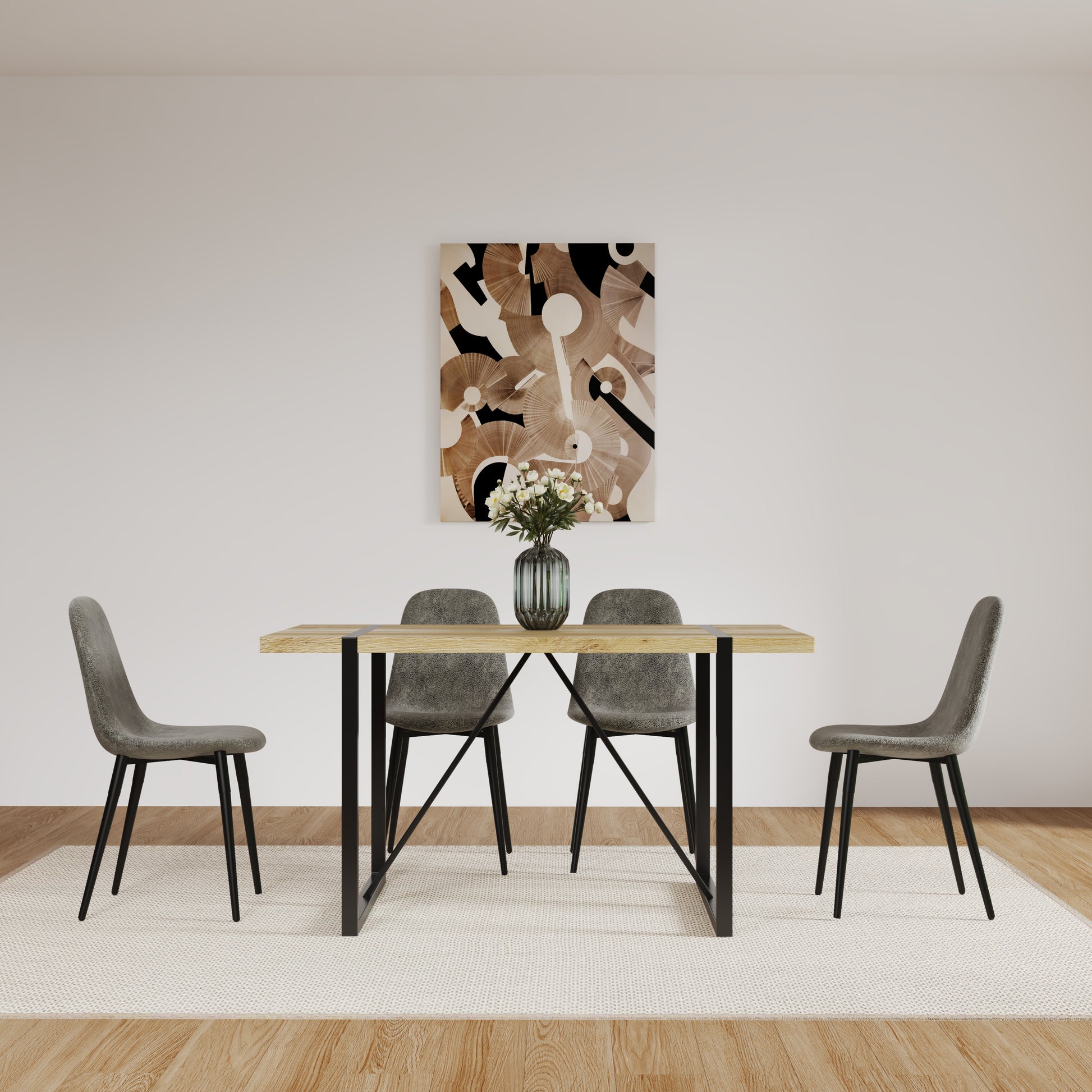 Modern light oak dining table with four grey fabric chairs