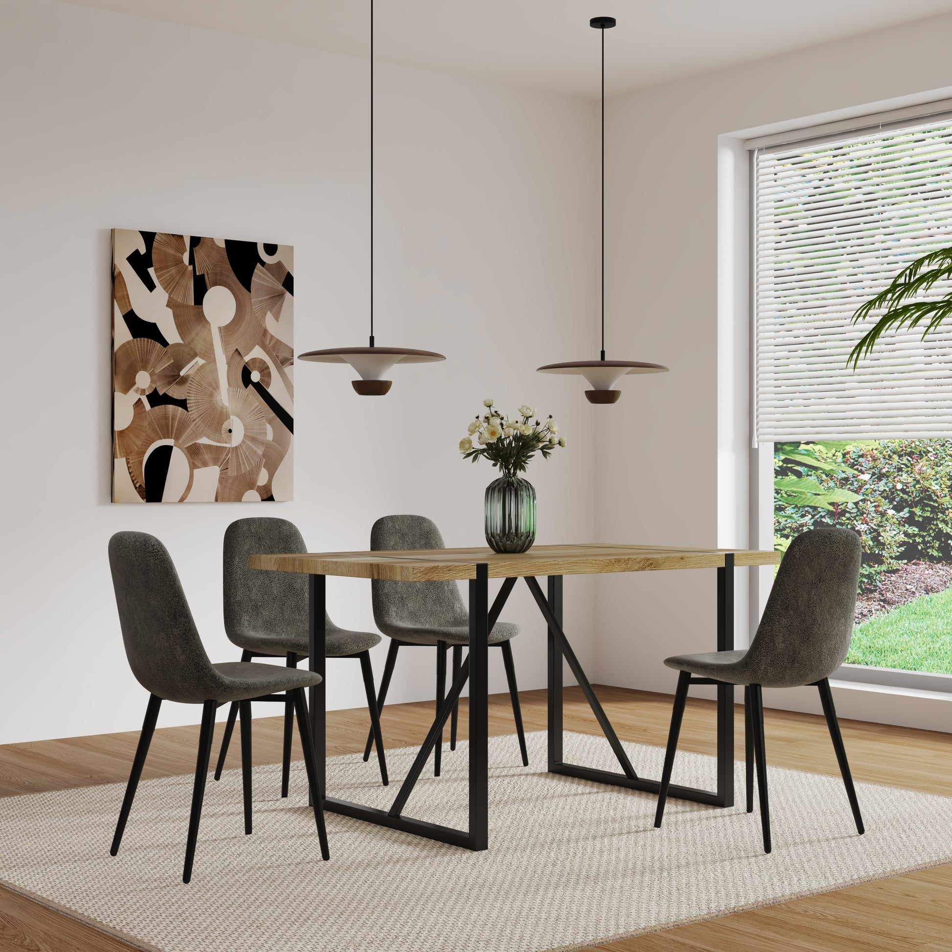 Rustic oak dining table with grey upholstered chairs