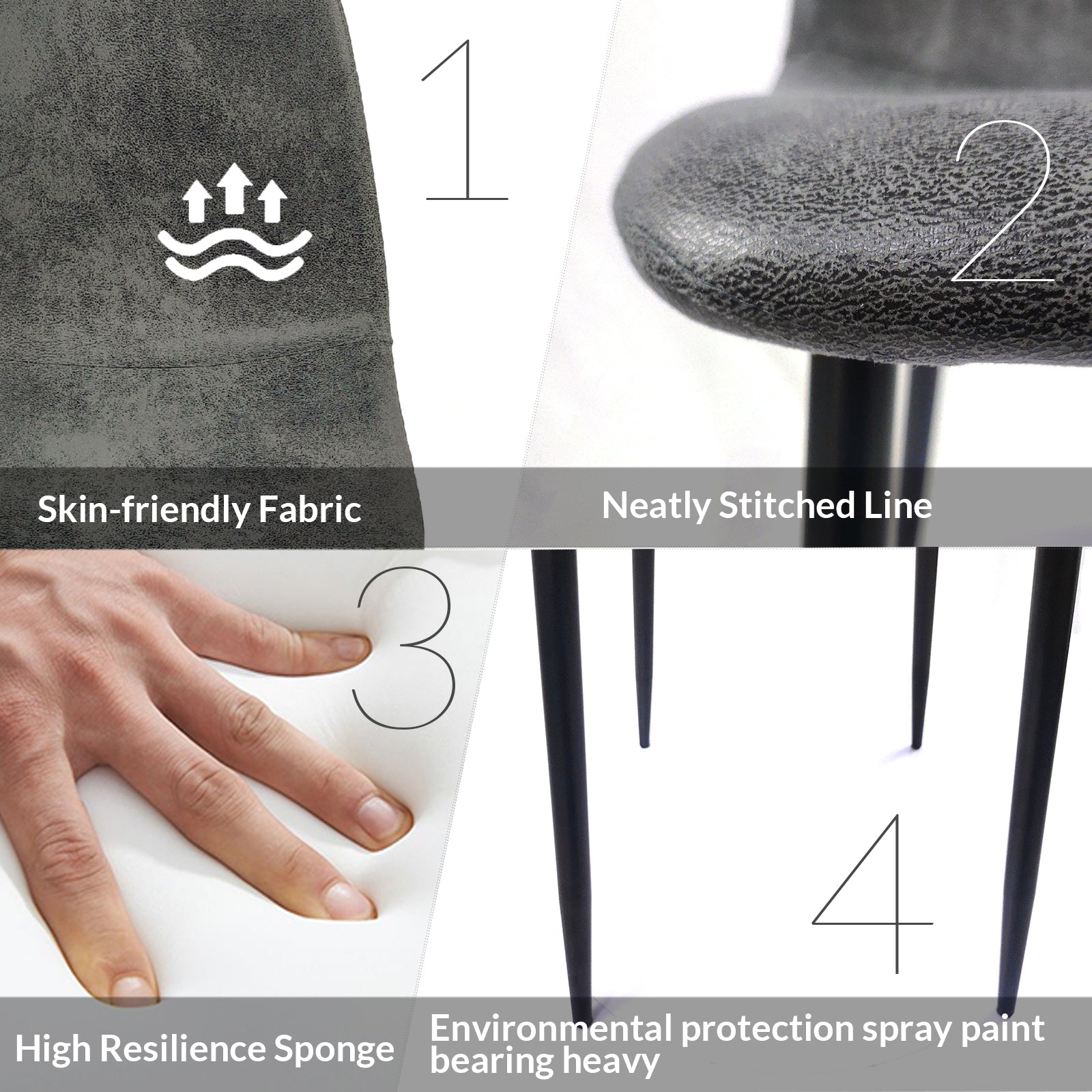 Grey faux leather chair seat with a neatly stitched line for durability