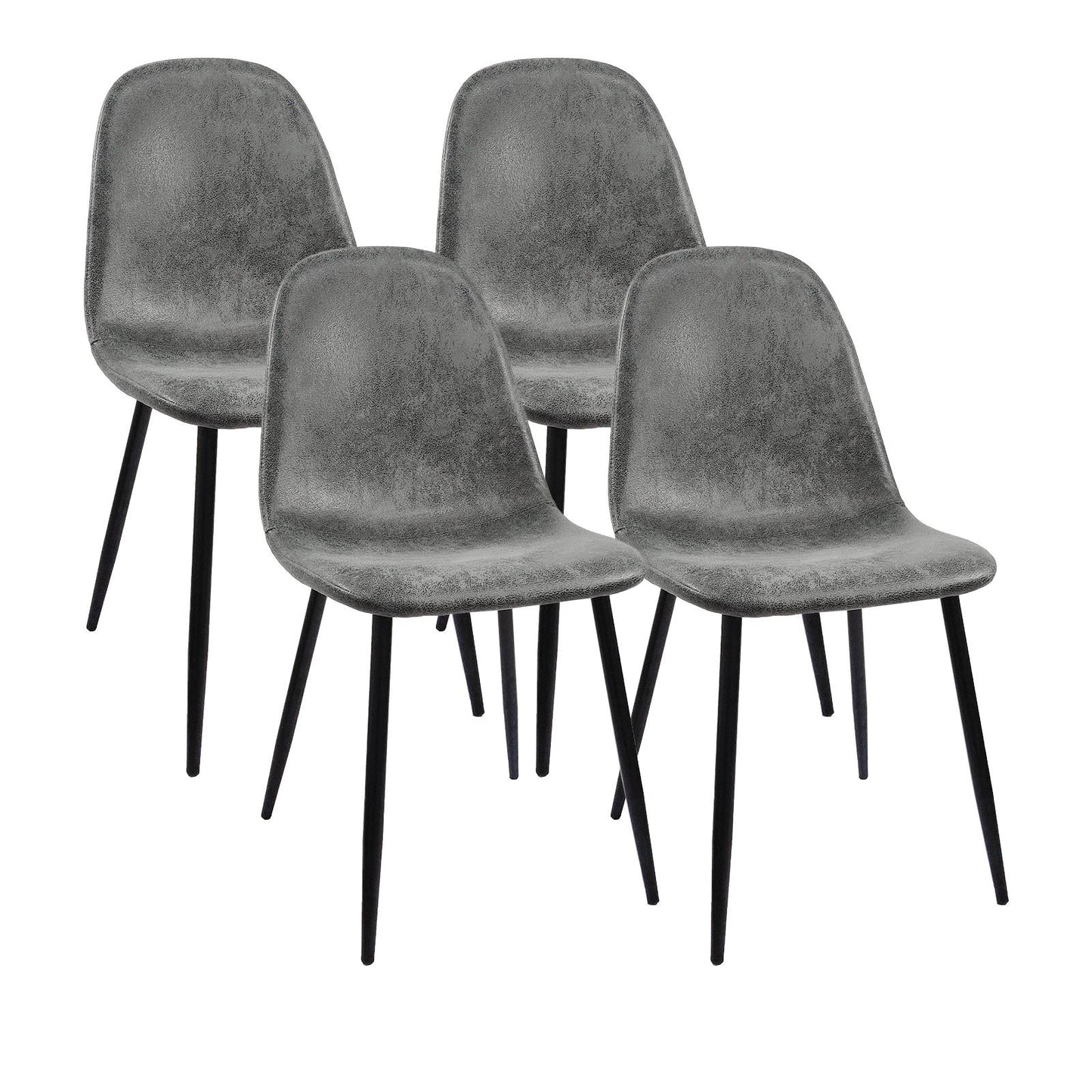 Set of four modern grey faux leather dining chairs with black metal legs