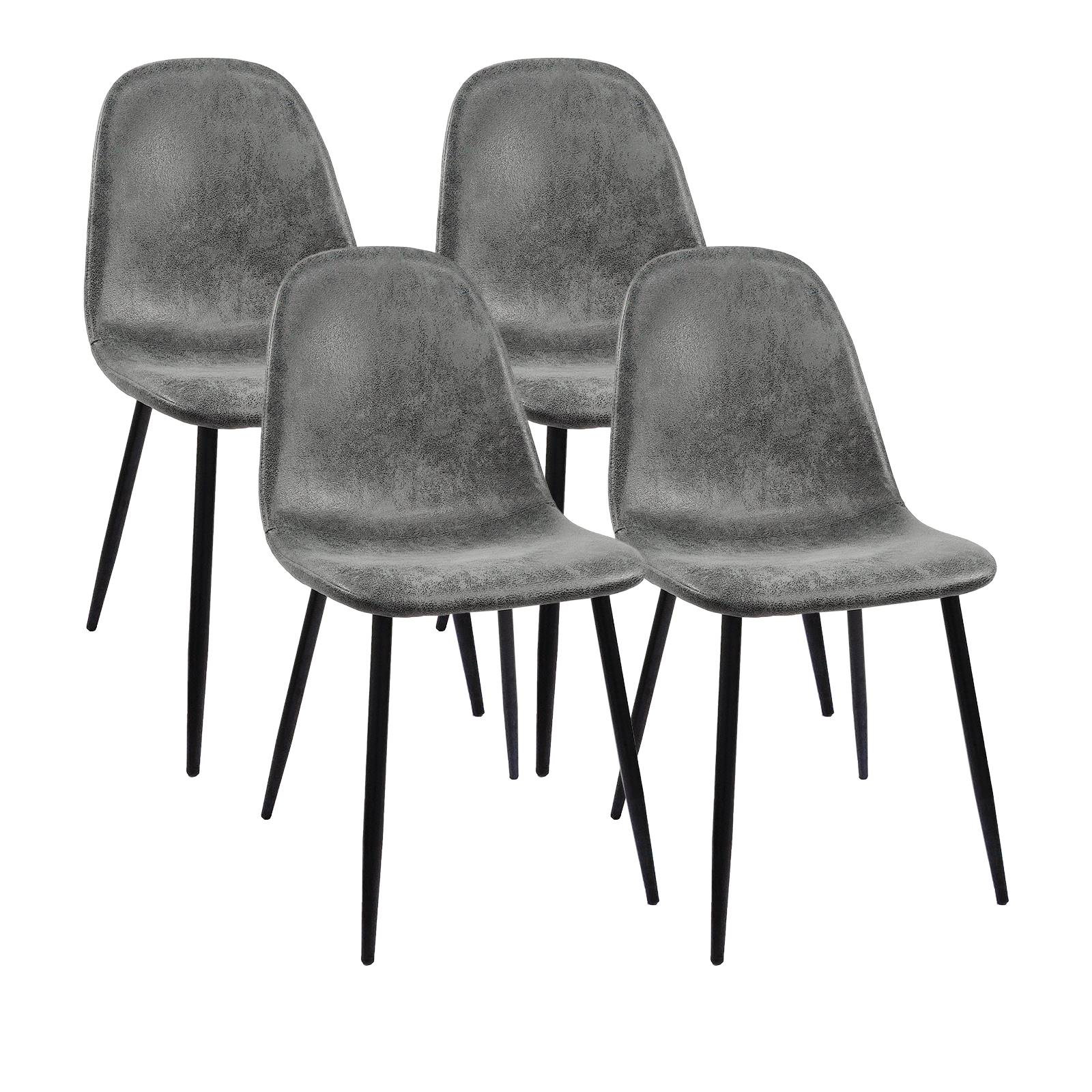 Set of four modern grey faux leather dining chairs with black metal legs