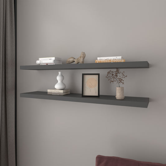 Modern grey floating shelf with books and vase