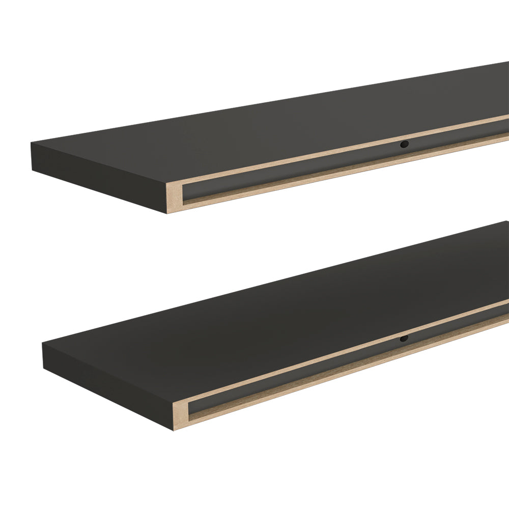 Sleek black floating shelf with hidden mounting hardware