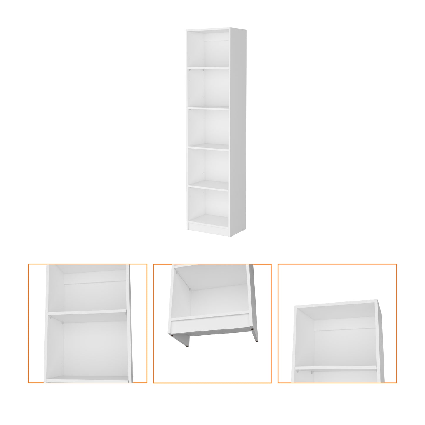 Tall white bookshelf with five shelves