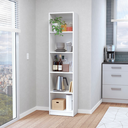 Tall white bookshelf with plants and kitchenware