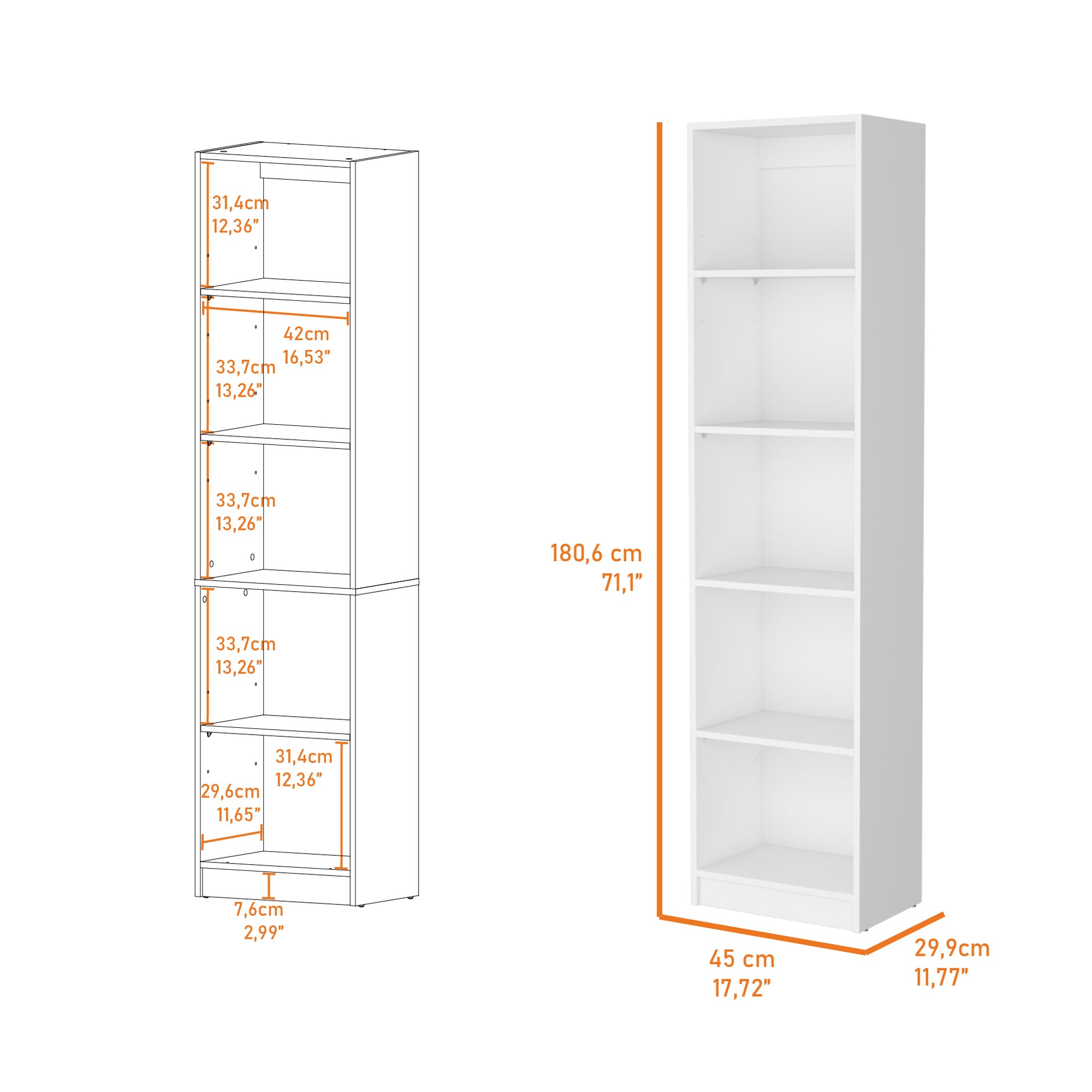 White shelf bookcase with detailed dimensions