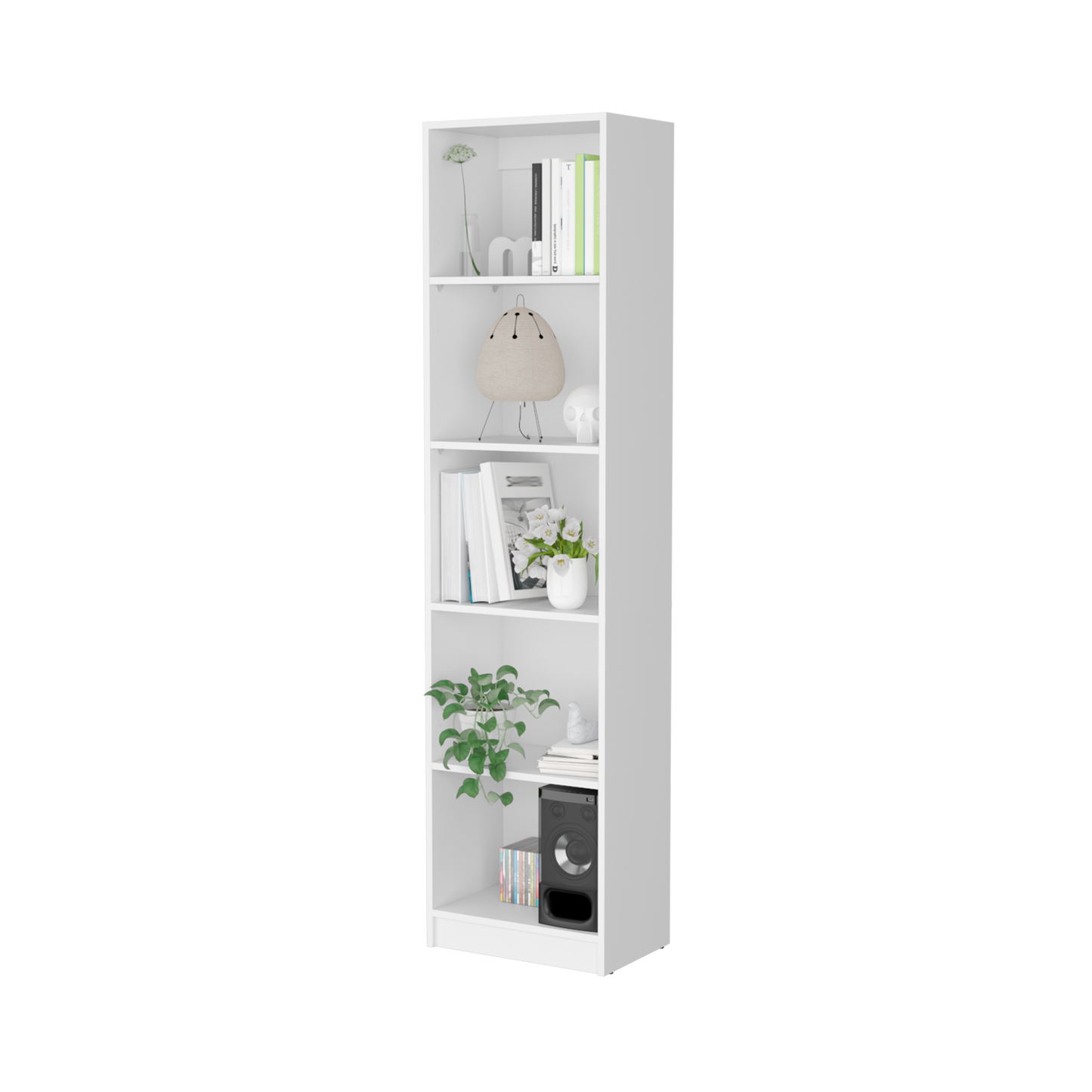White tall bookcase with books and decor