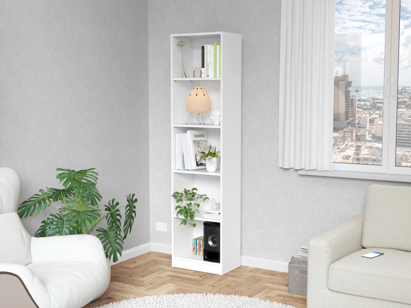 White fiveshelf bookshelf with books and decor