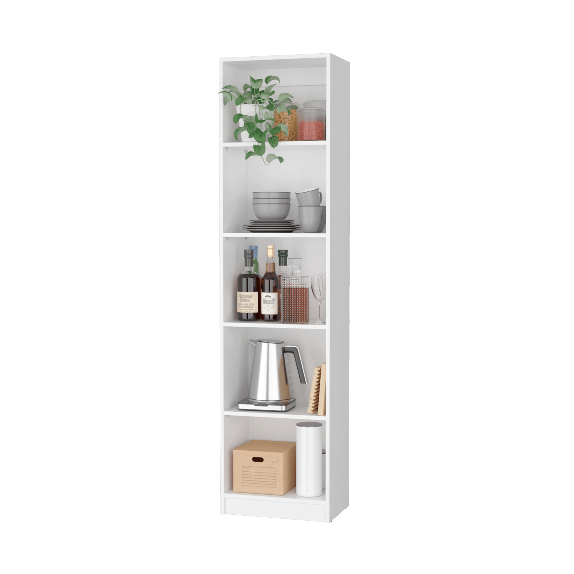 White narrow bookshelf with plant and pantry jars on top shelf