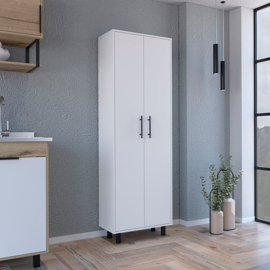 Tall white pantry cabinet with black handles