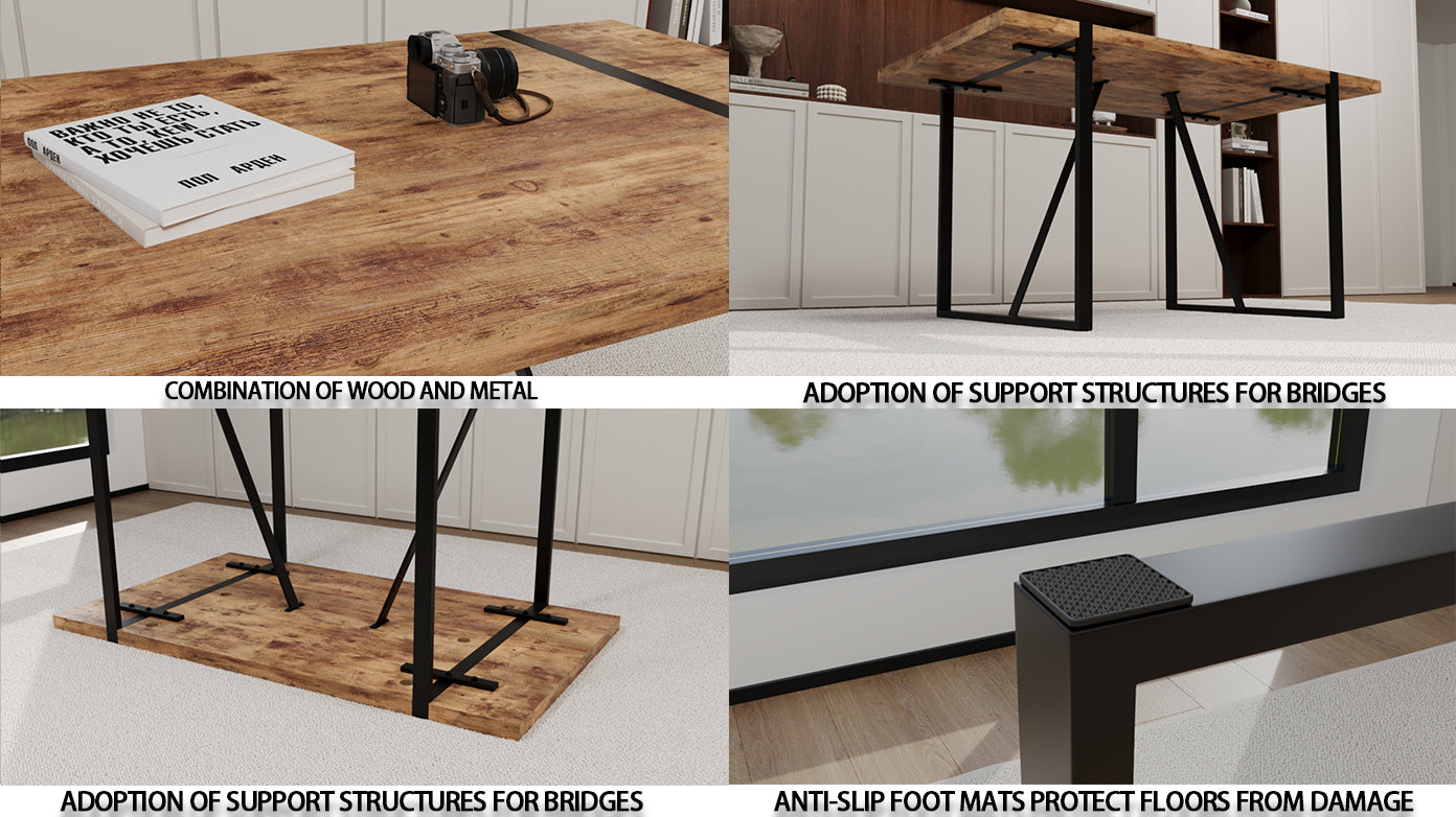 Rustic wood and black metal desk surface with a camera and books