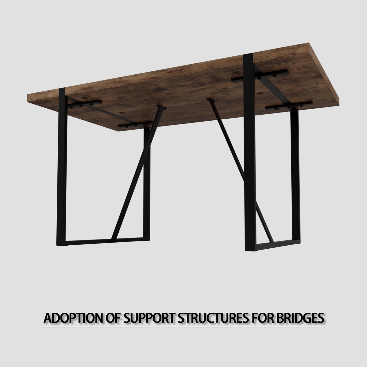 Rustic wooden tabletop with modern industrial black metal legs for dining table
