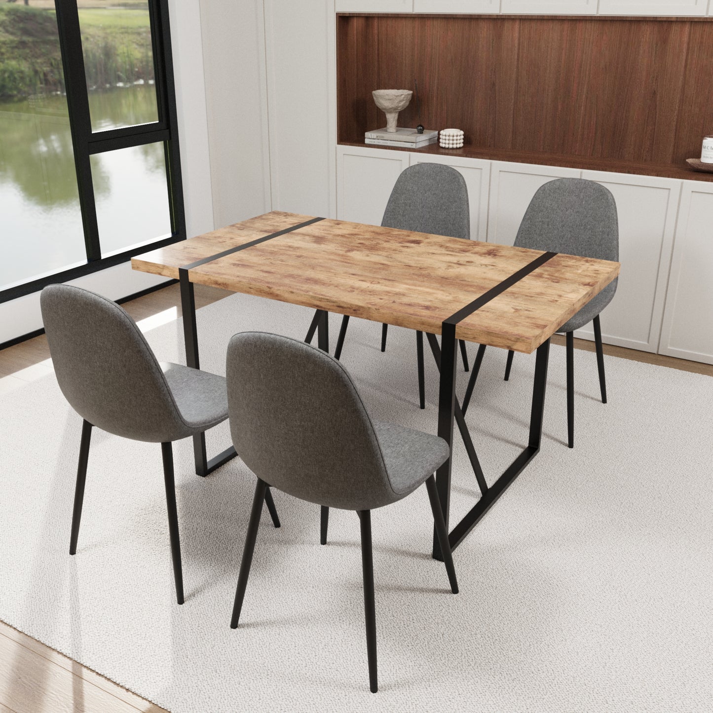 Rustic wood dining table with black metal legs and grey chairs