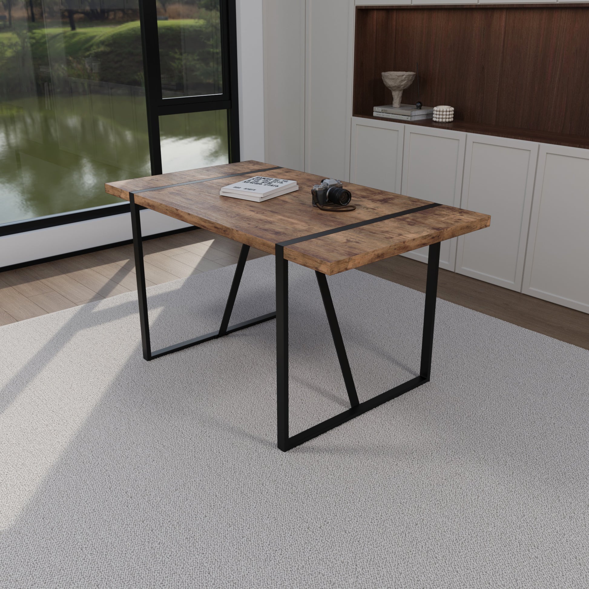 Rustic wood dining table with black metal legs perfect for modern farmhouse kitchens