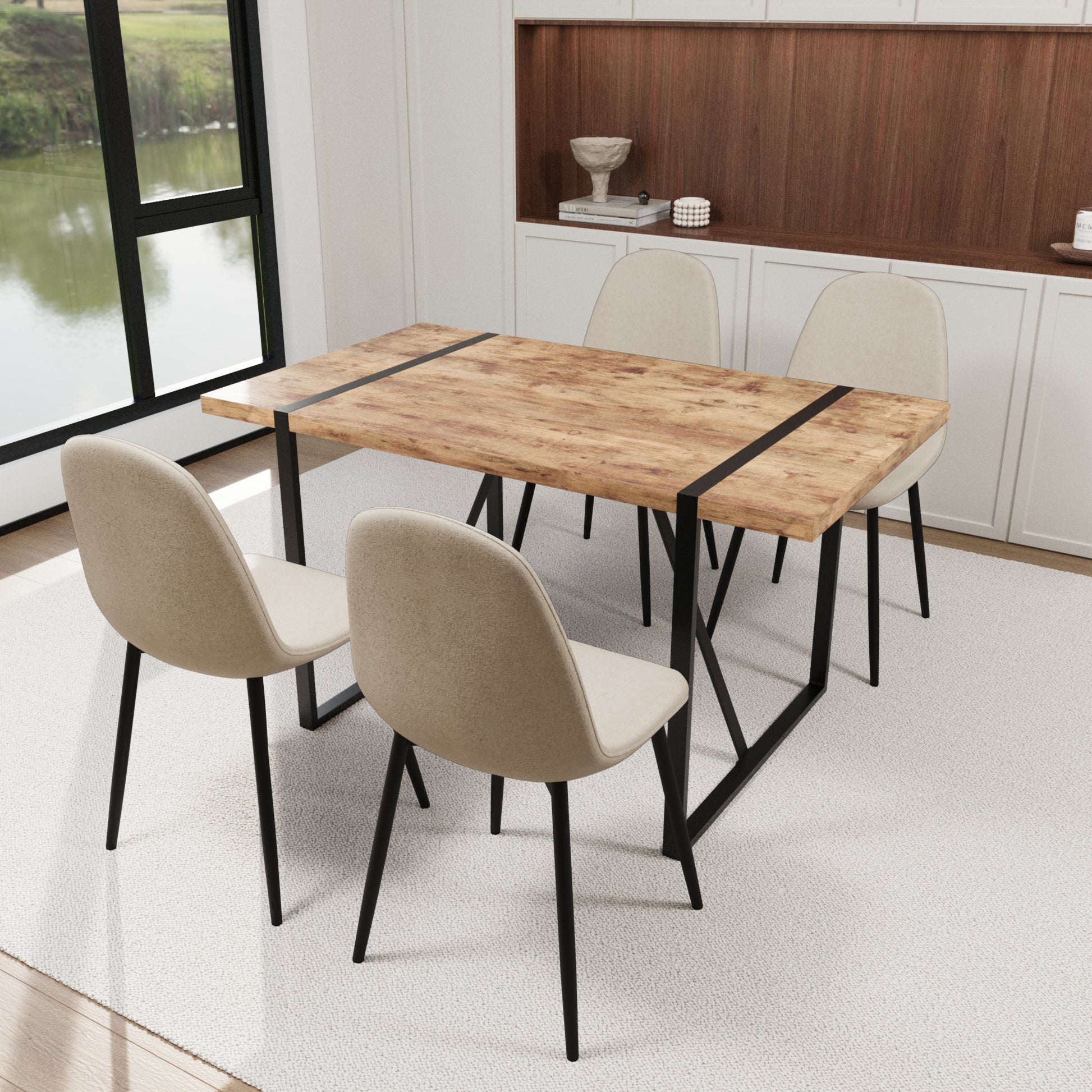 Rustic wood dining table with black metal legs and four beige fabric chairs