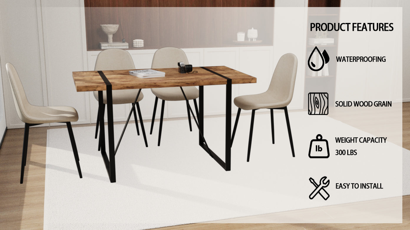 Rustic wooden dining table with metal legs and four neutral chairs