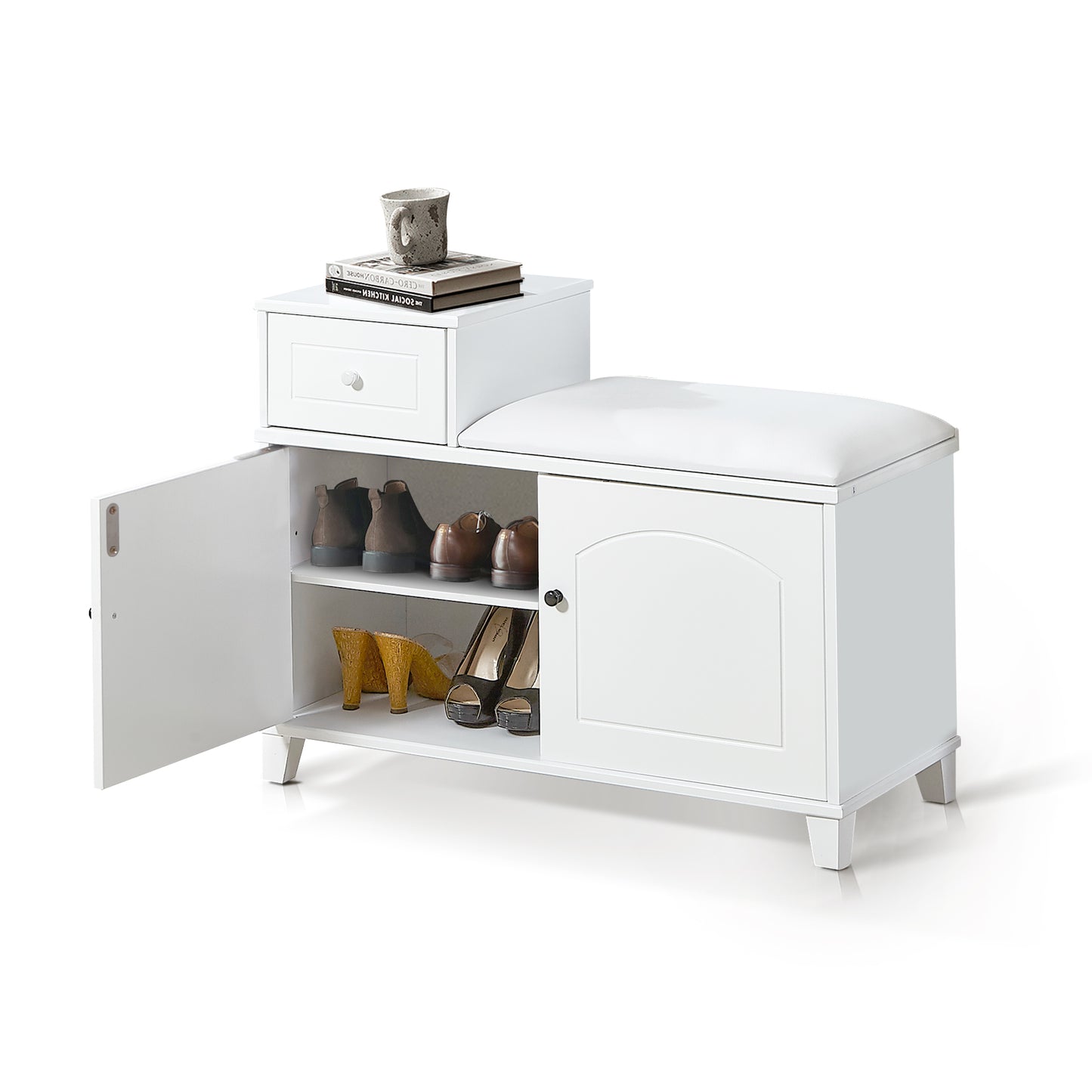 White entryway bench with shoe storage