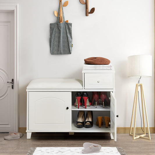 White entryway bench with shoe storage and cushioned seat