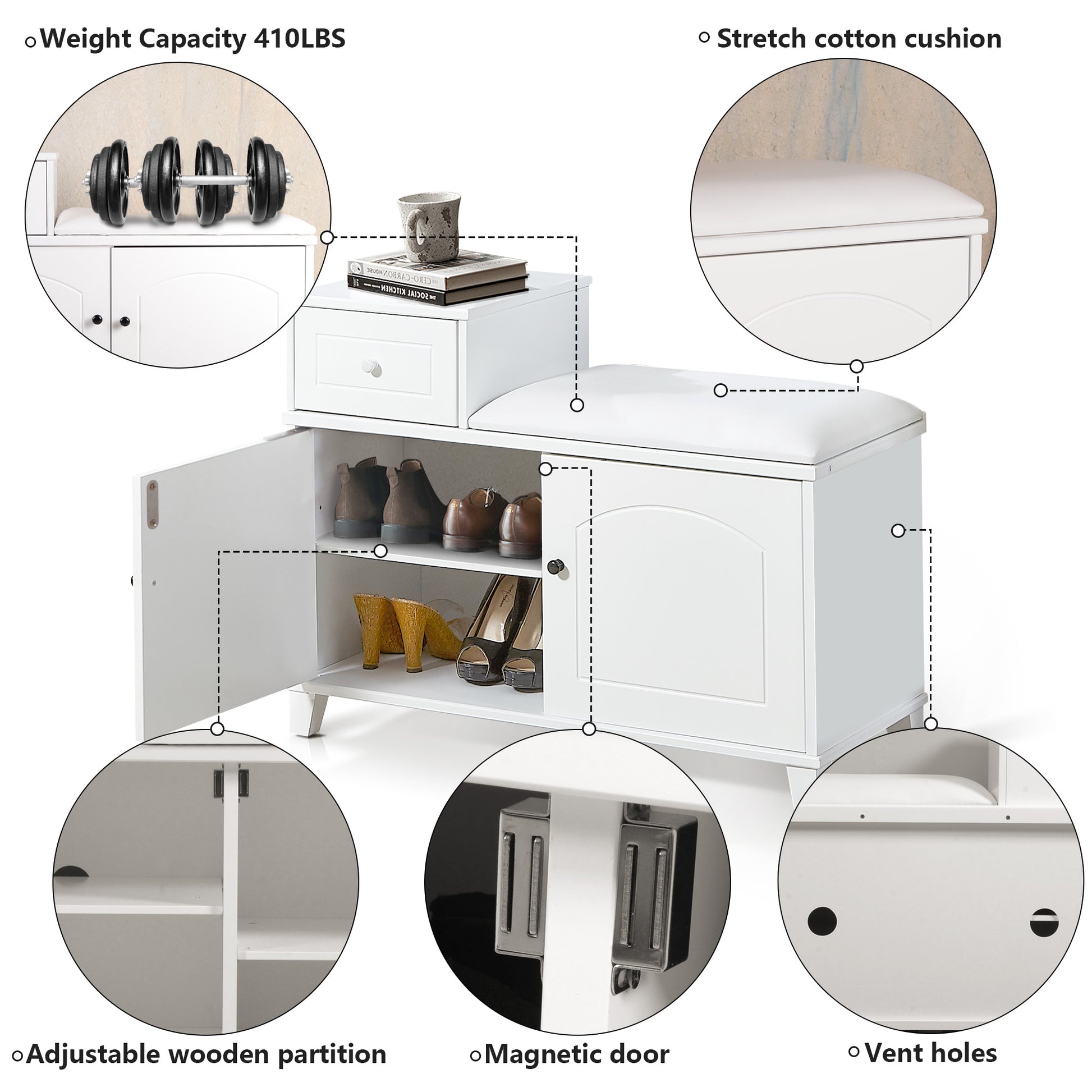 White shoe storage bench with cushioned seat