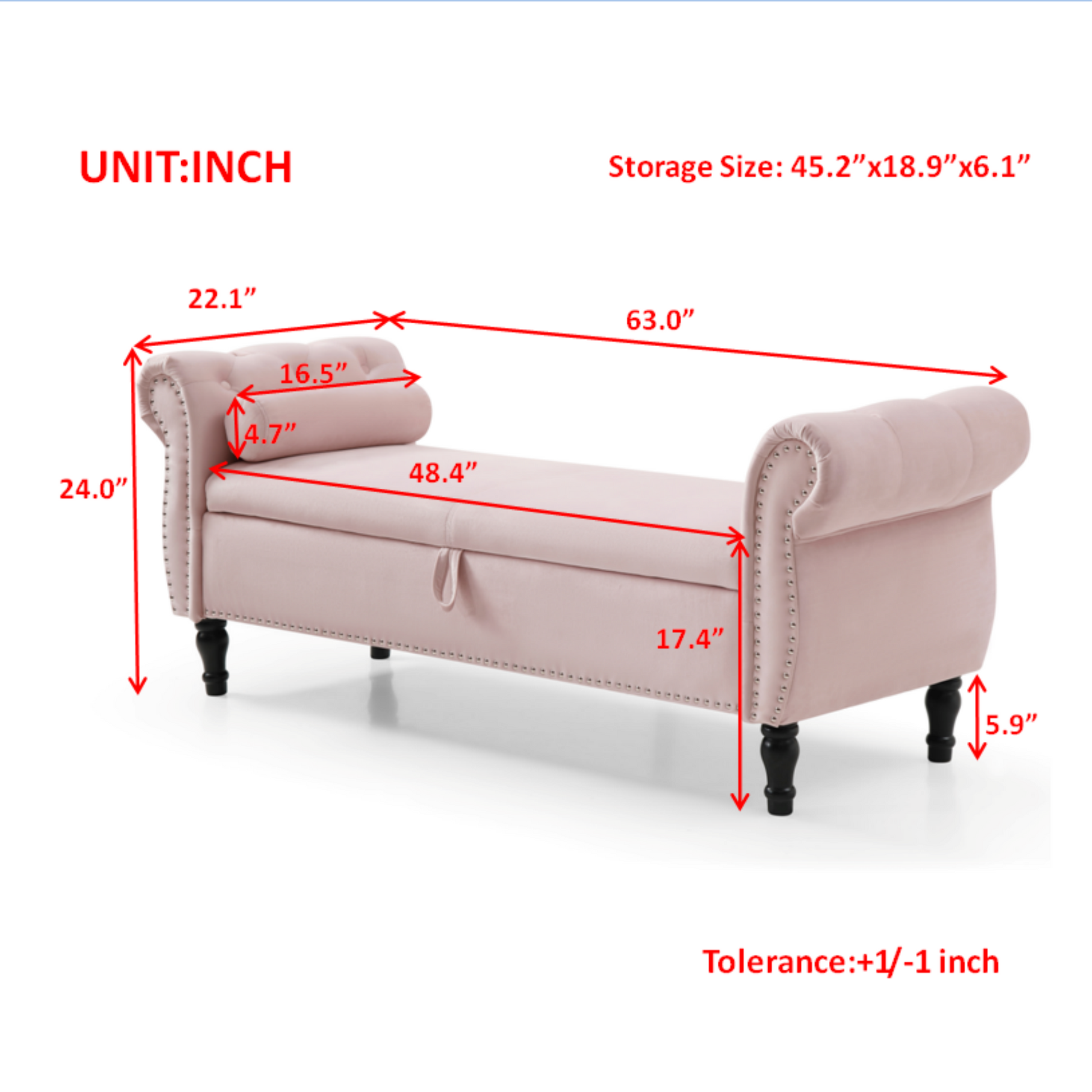 Pink velvet storage bench with tufted seat and rolled arms