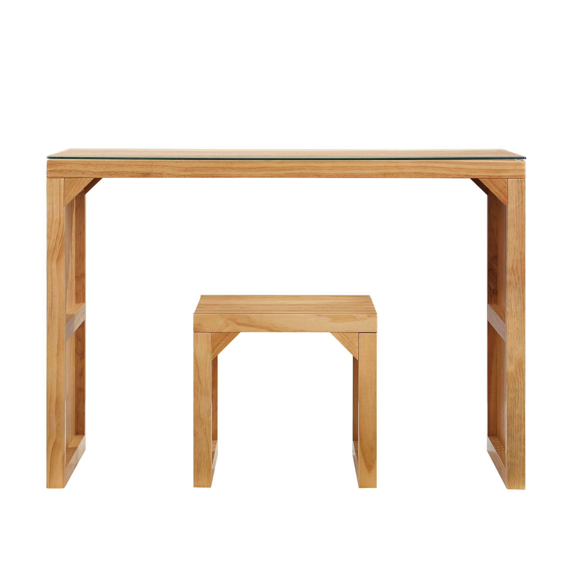 Oak console table with glass top and matching stool