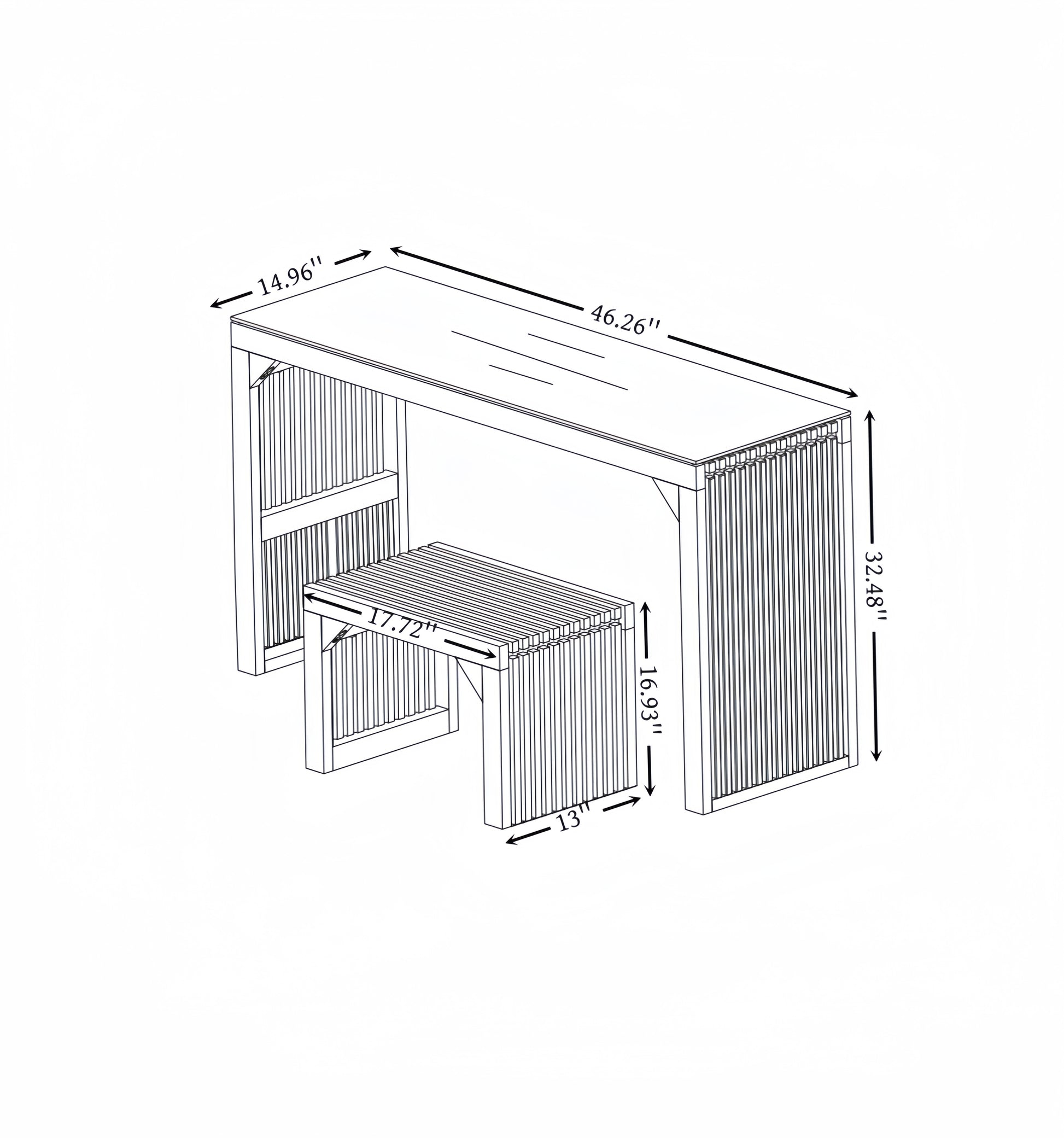 Outdoor dining set with slatted table and bench