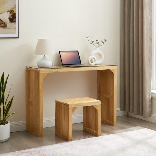 Natural wood writing desk with glass top and matching stool