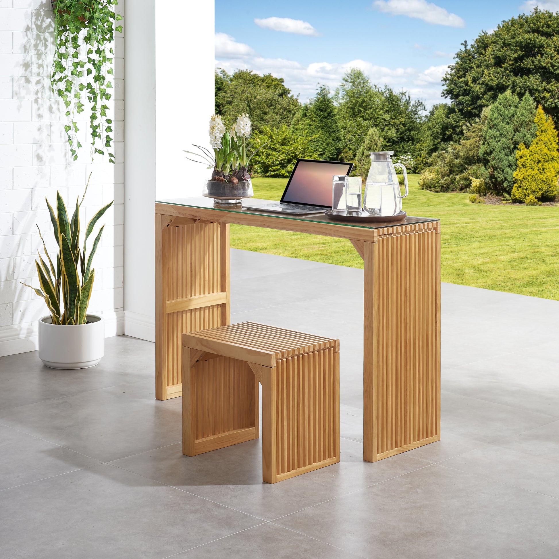 Natural wood writing desk with glass top and matching stool