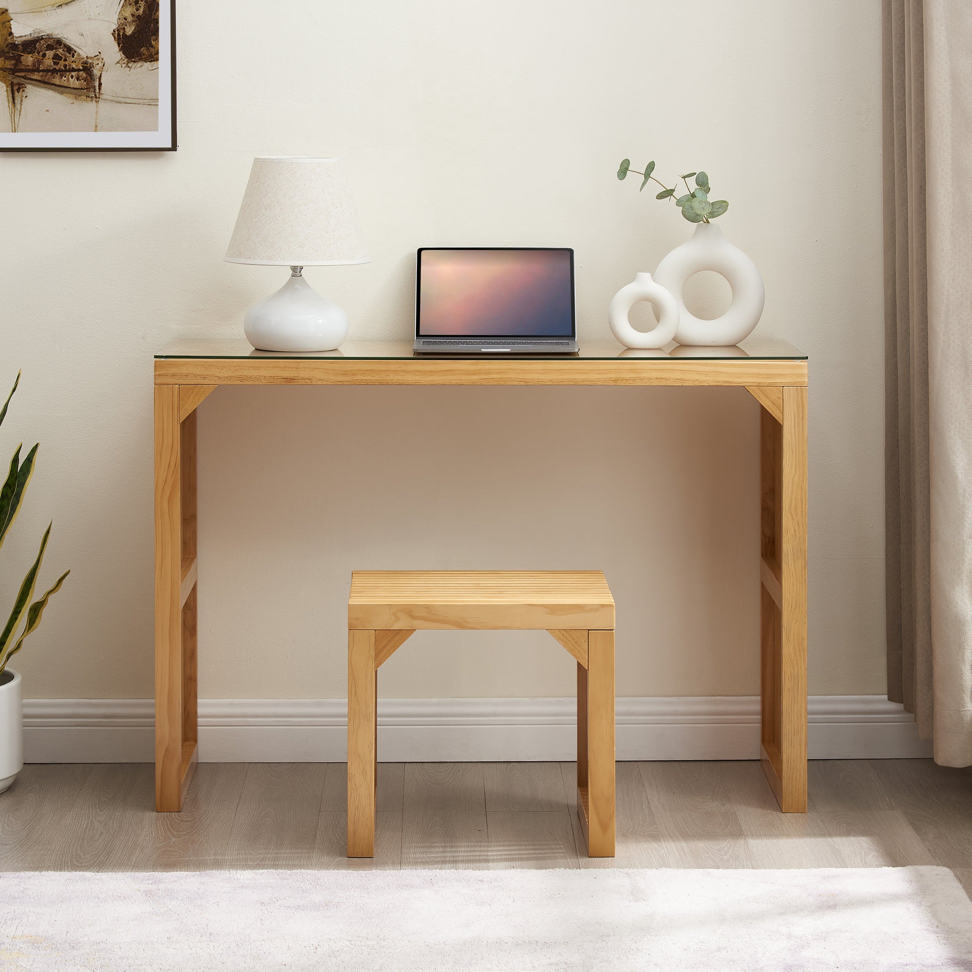 Natural wood writing desk with glass top and matching stool