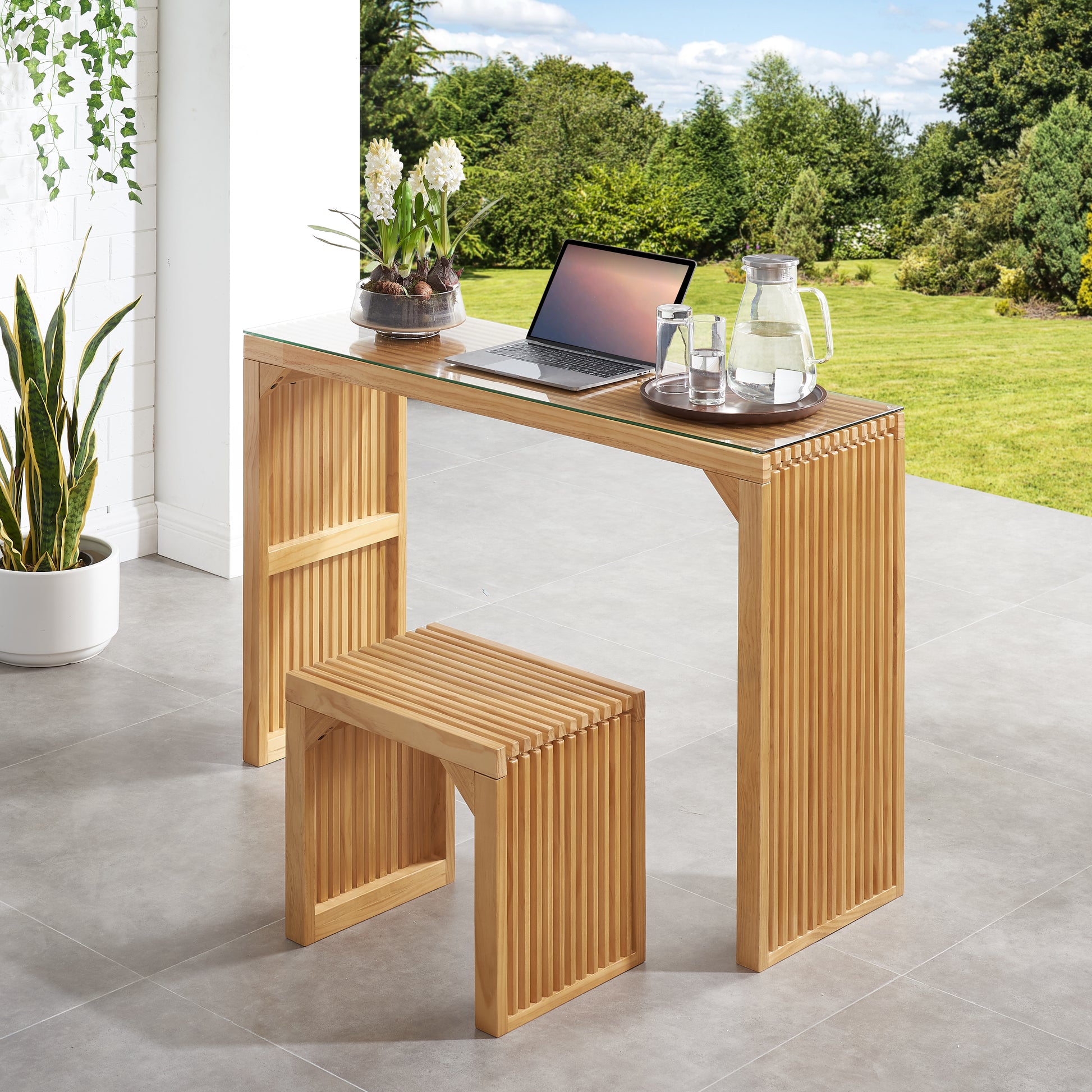 Modern slatted wood desk with glass top and matching stool