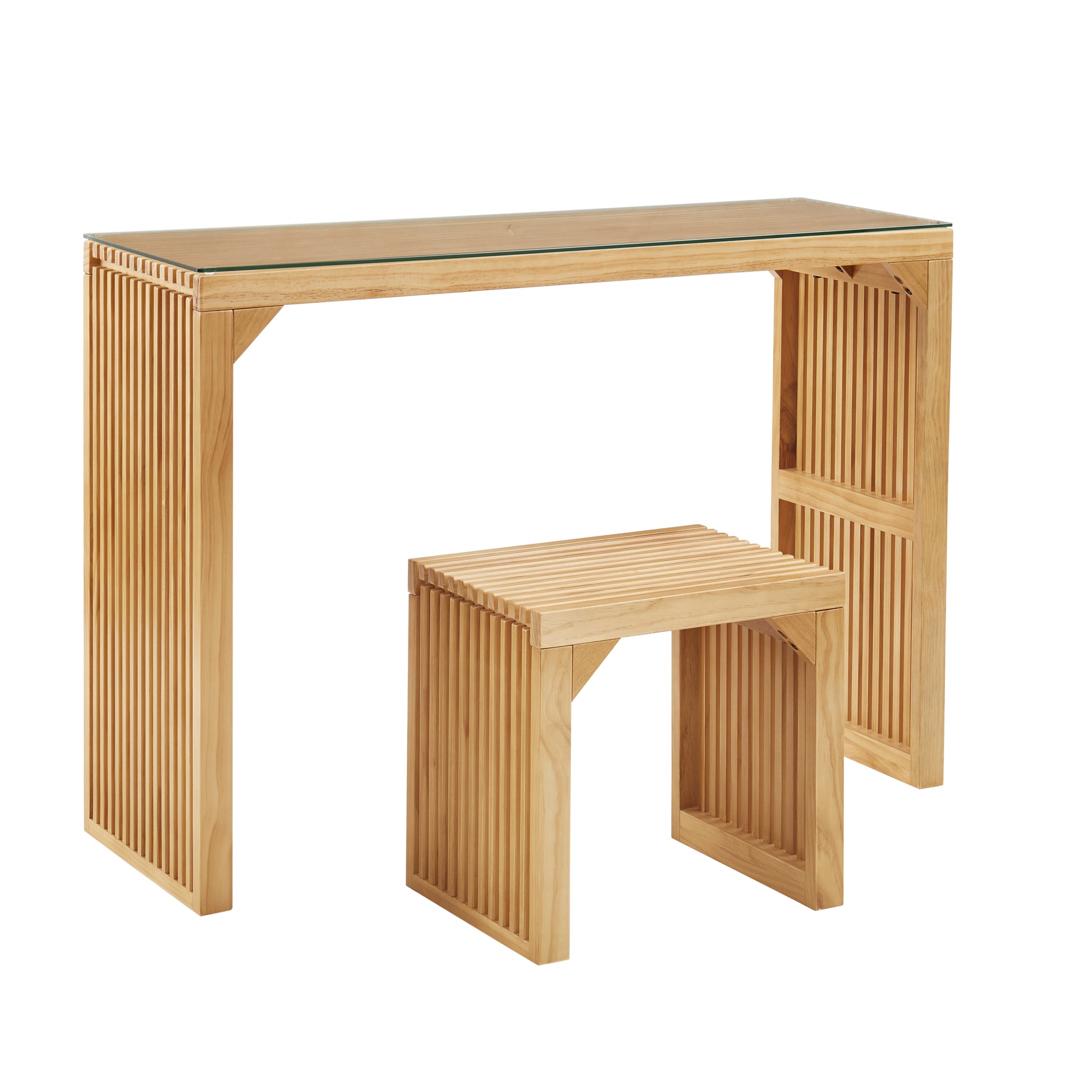 Light wood console table with slatted design and glass top