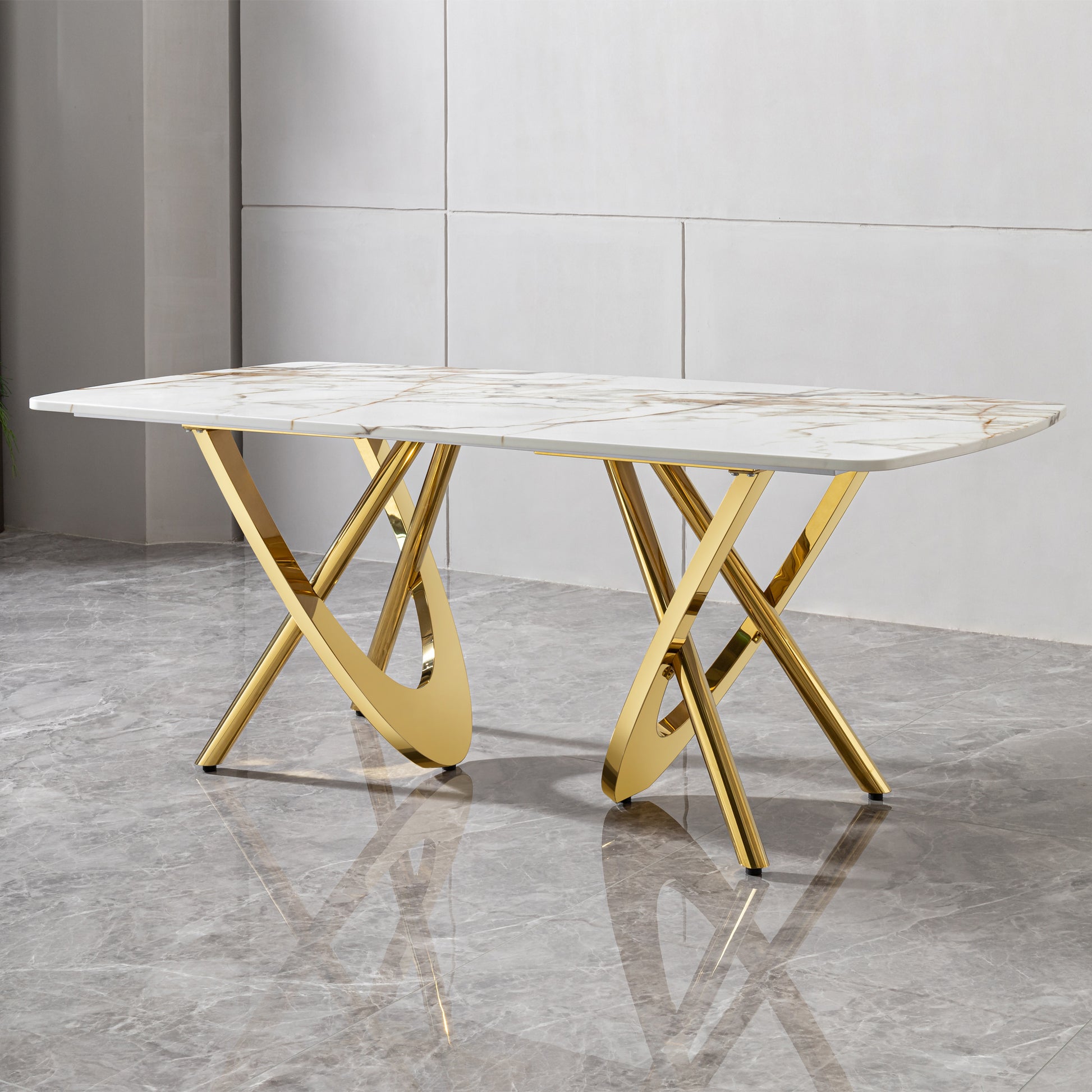 Rectangular marble dining table with gold Xshaped legs