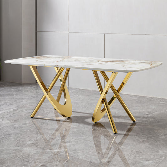 Rectangular marble dining table with gold Xshaped legs