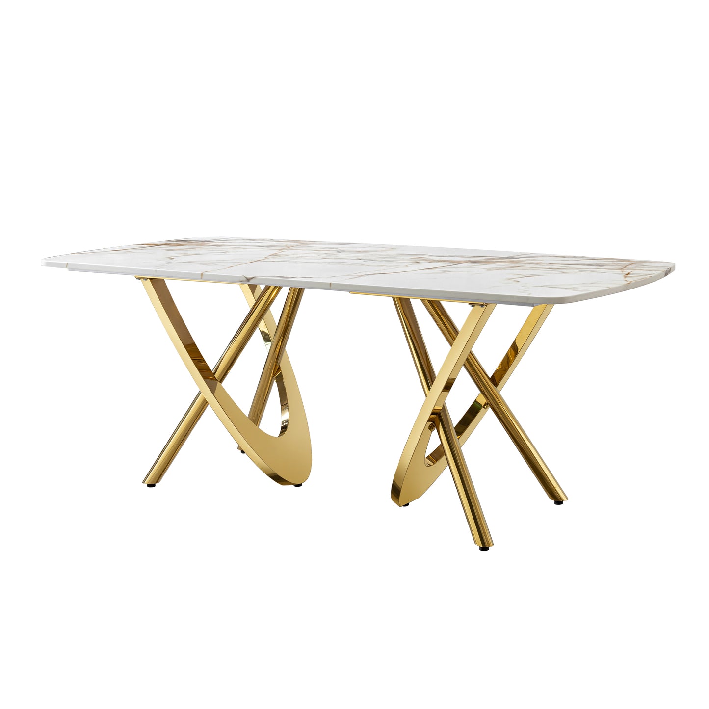 Marble top dining table with a striking gold crisscross base