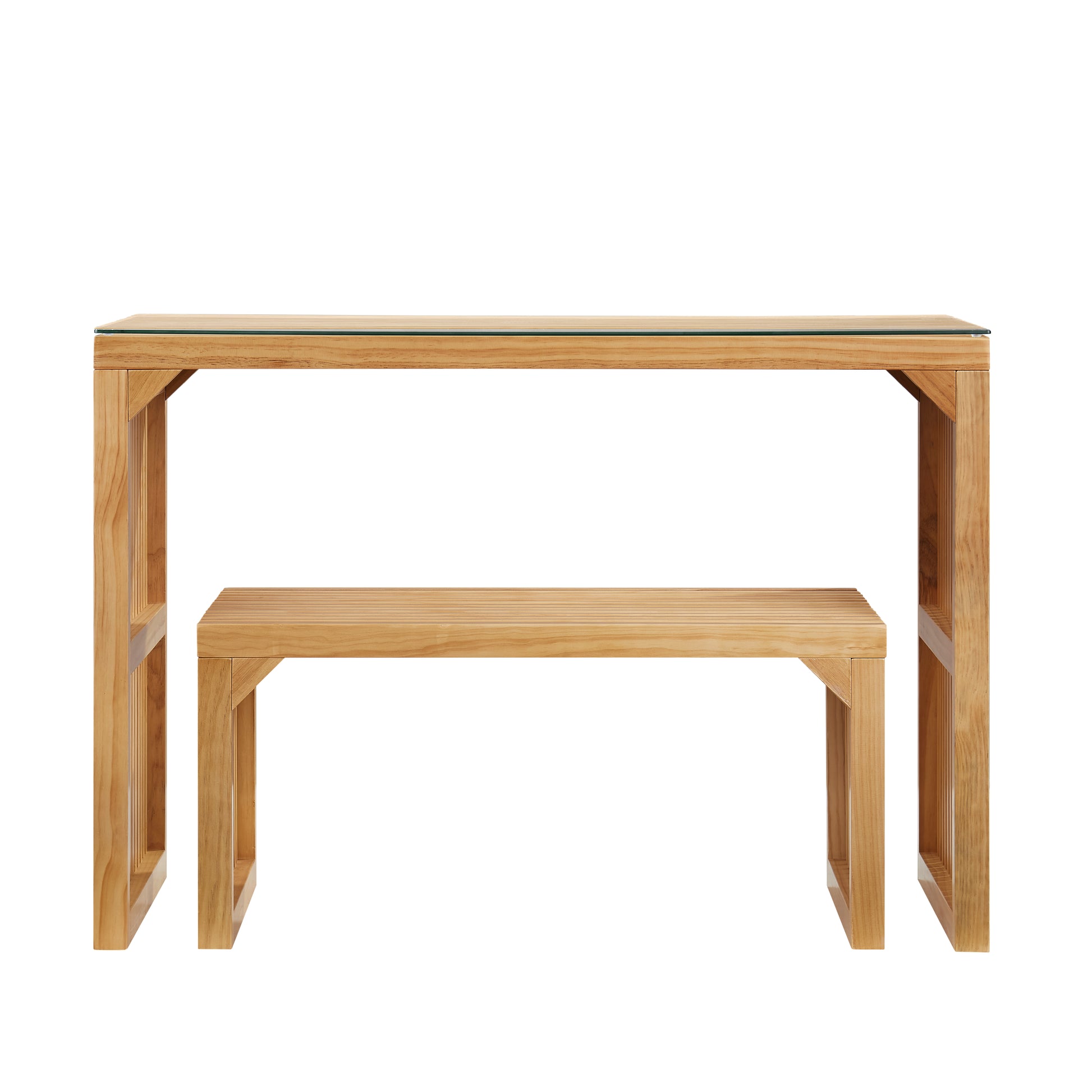 Wooden console table with glass top and matching bench