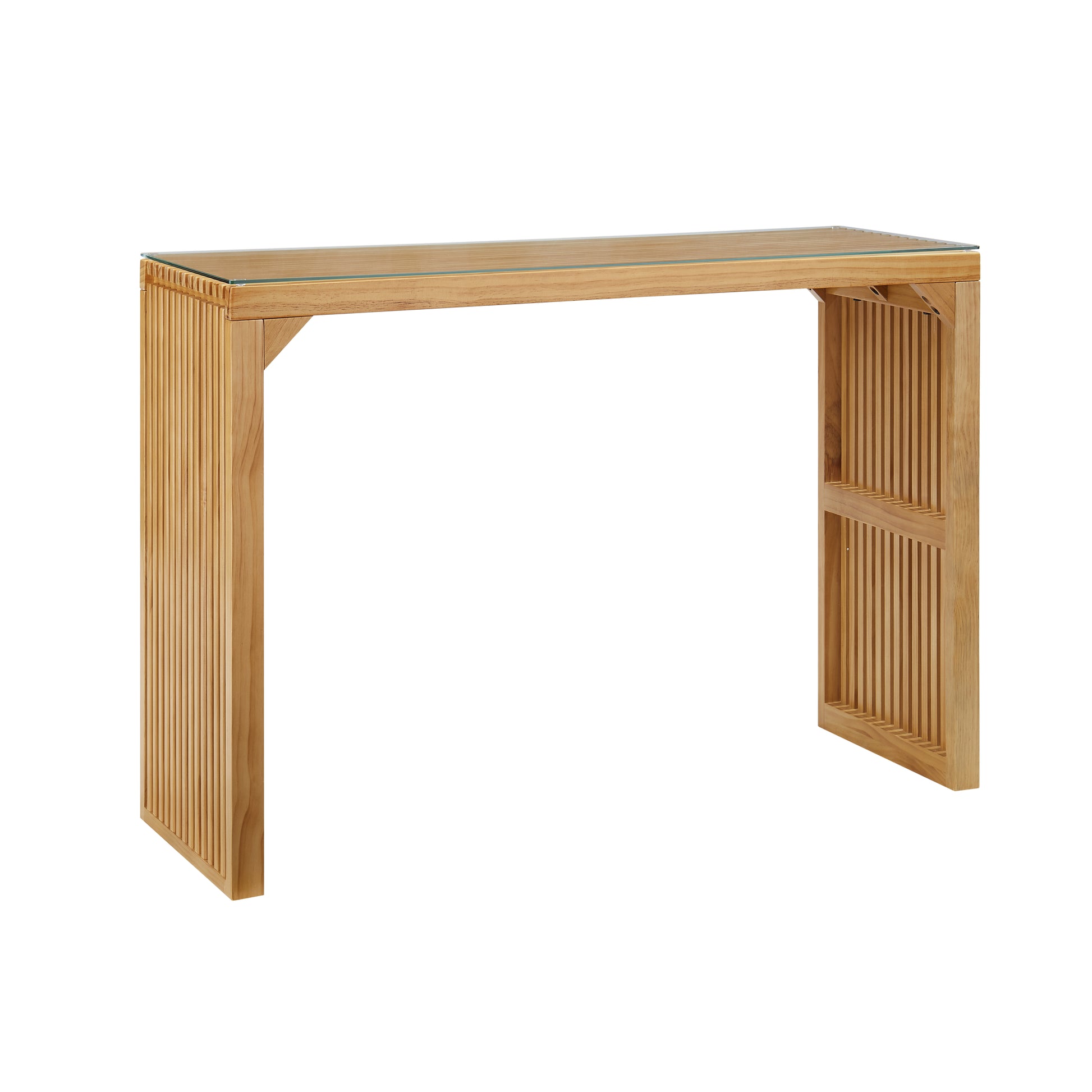 Light oak console table with ribbed sides and glass top