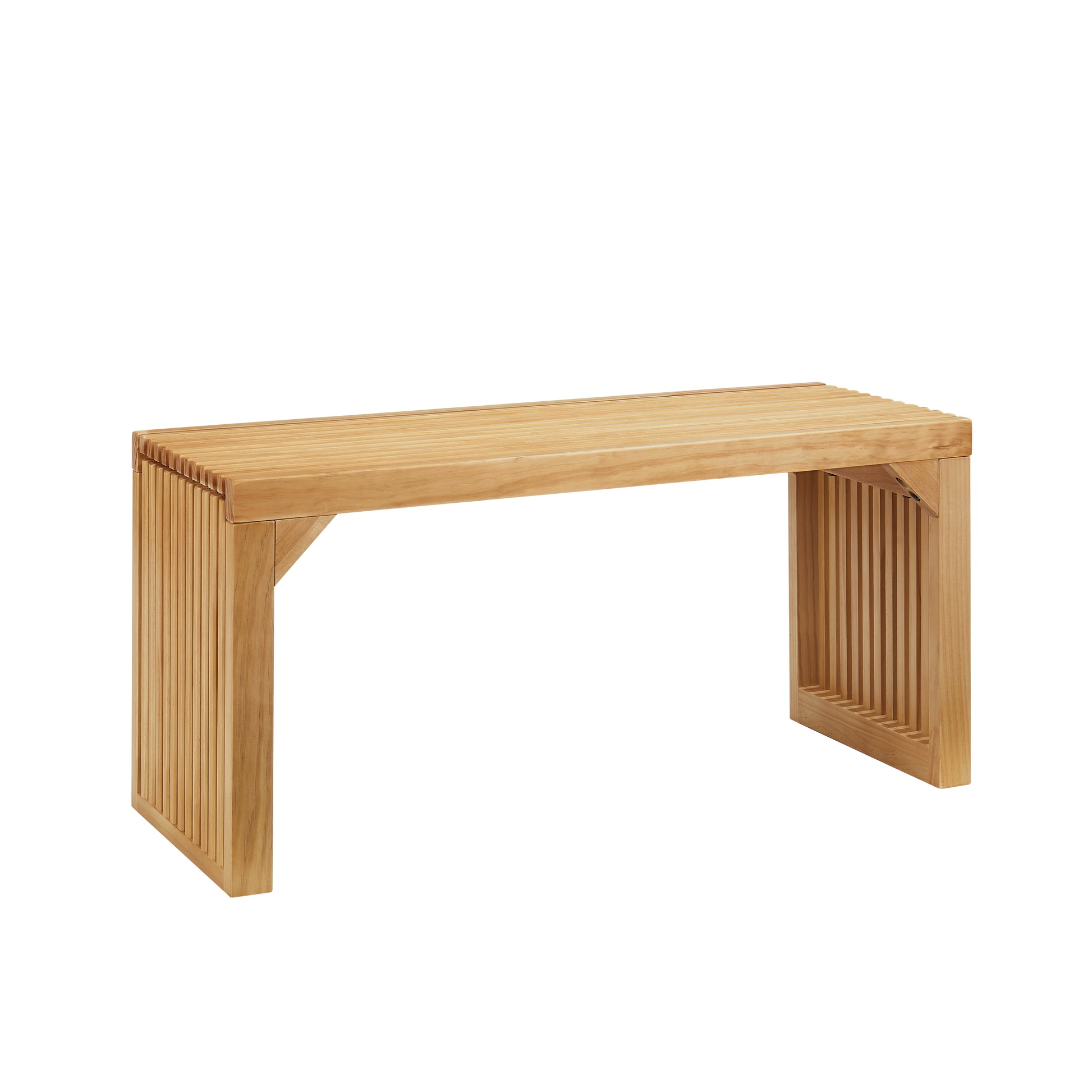 Natural wood bench with slatted seat and vertical slat legs