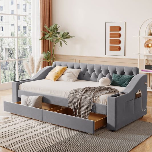 Grey velvet daybed with tufted back and storage drawers