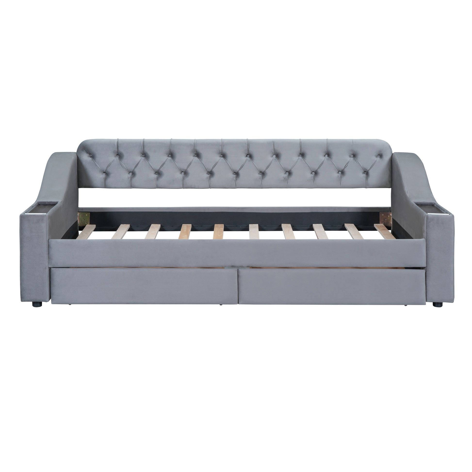 Grey velvet tufted daybed with pullout drawers and integrated cup holders