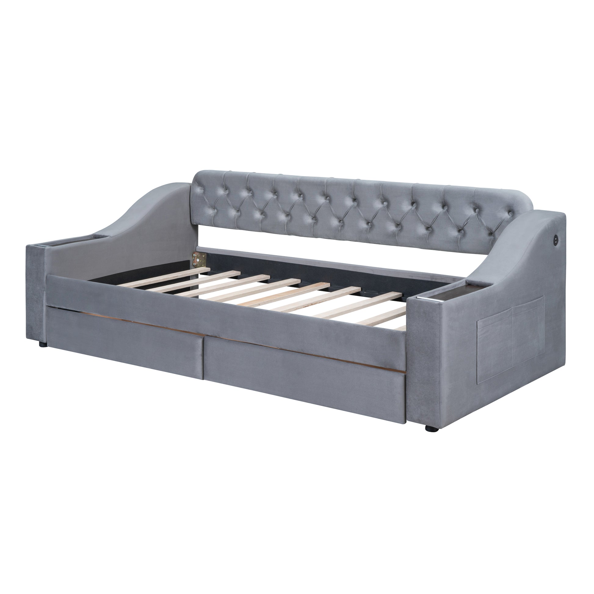 Gray velvet daybed with tufted back and builtin storage drawers