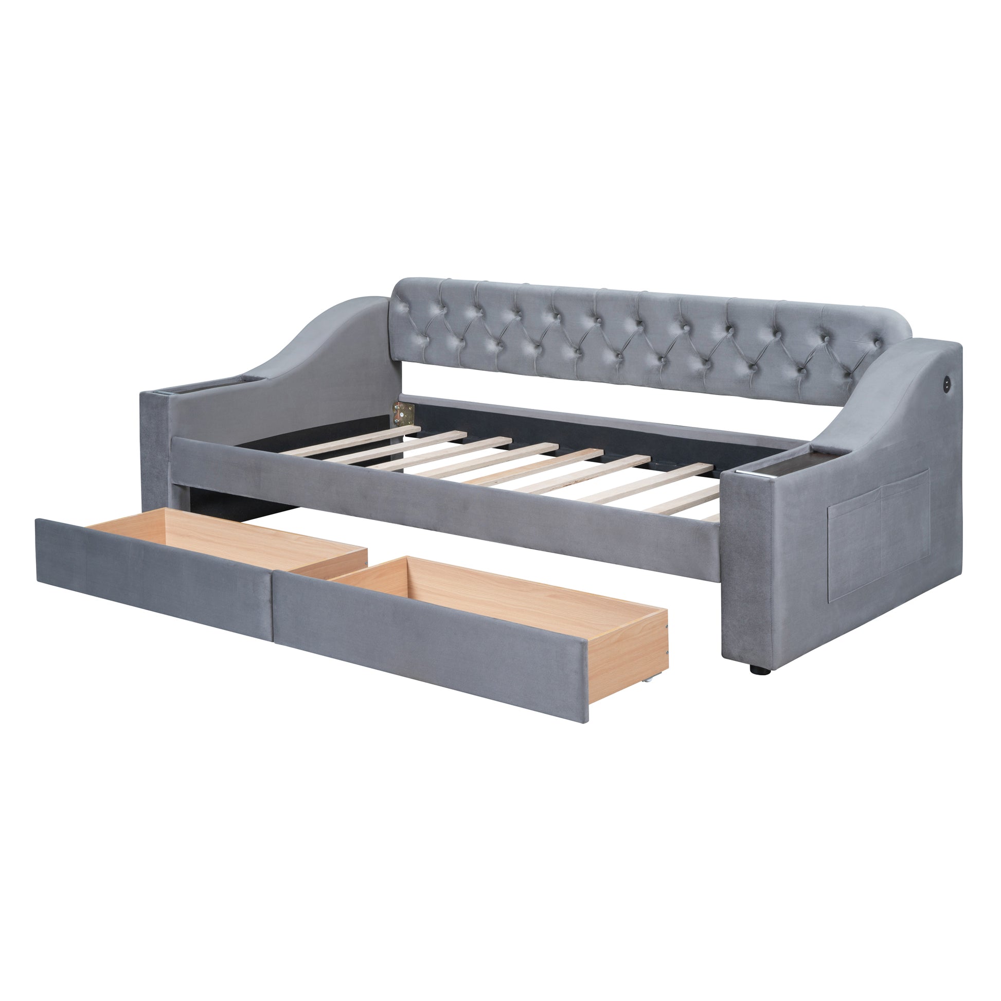 Grey velvet daybed with tufted back and two drawers