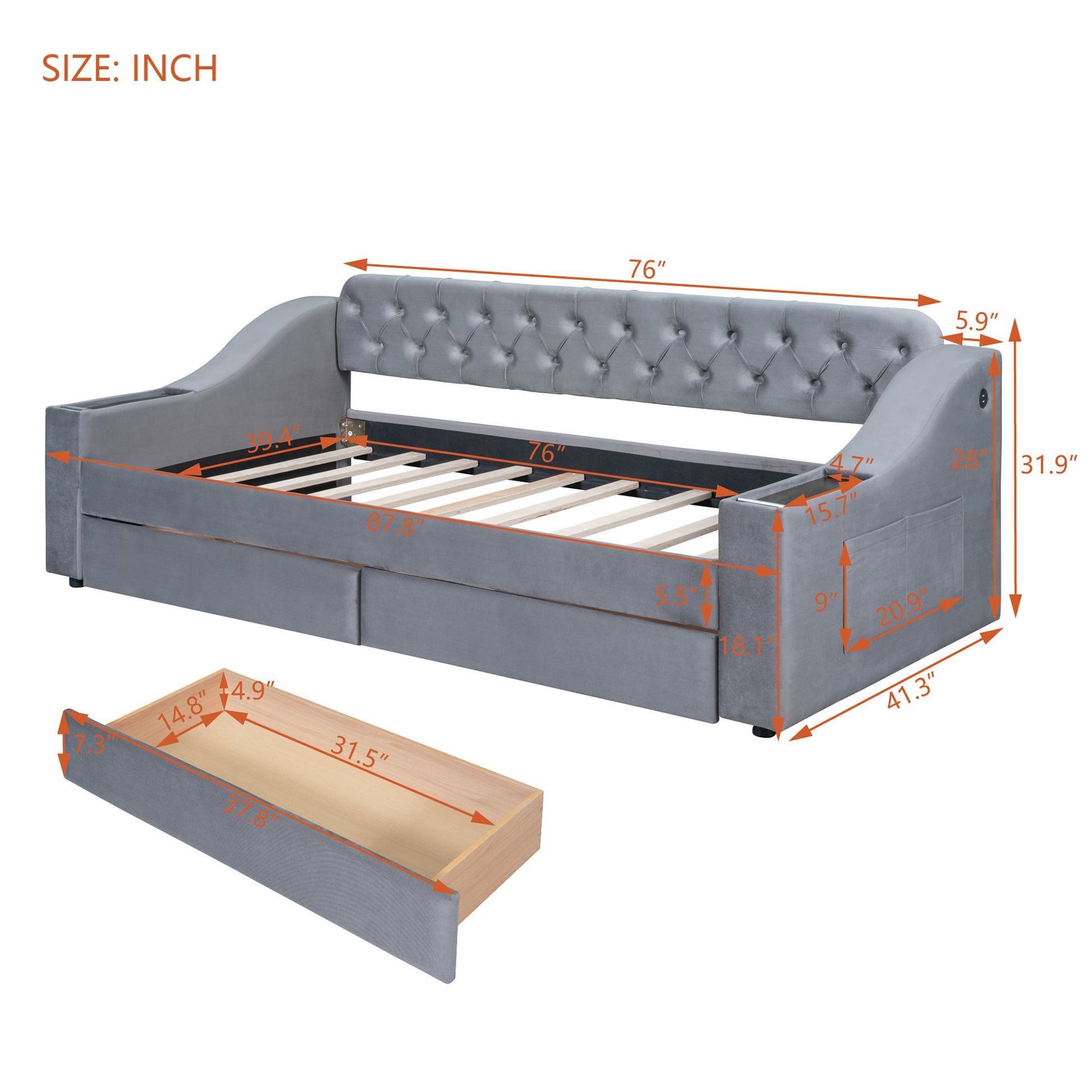 Gray velvet daybed with tufted back and builtin storage drawers